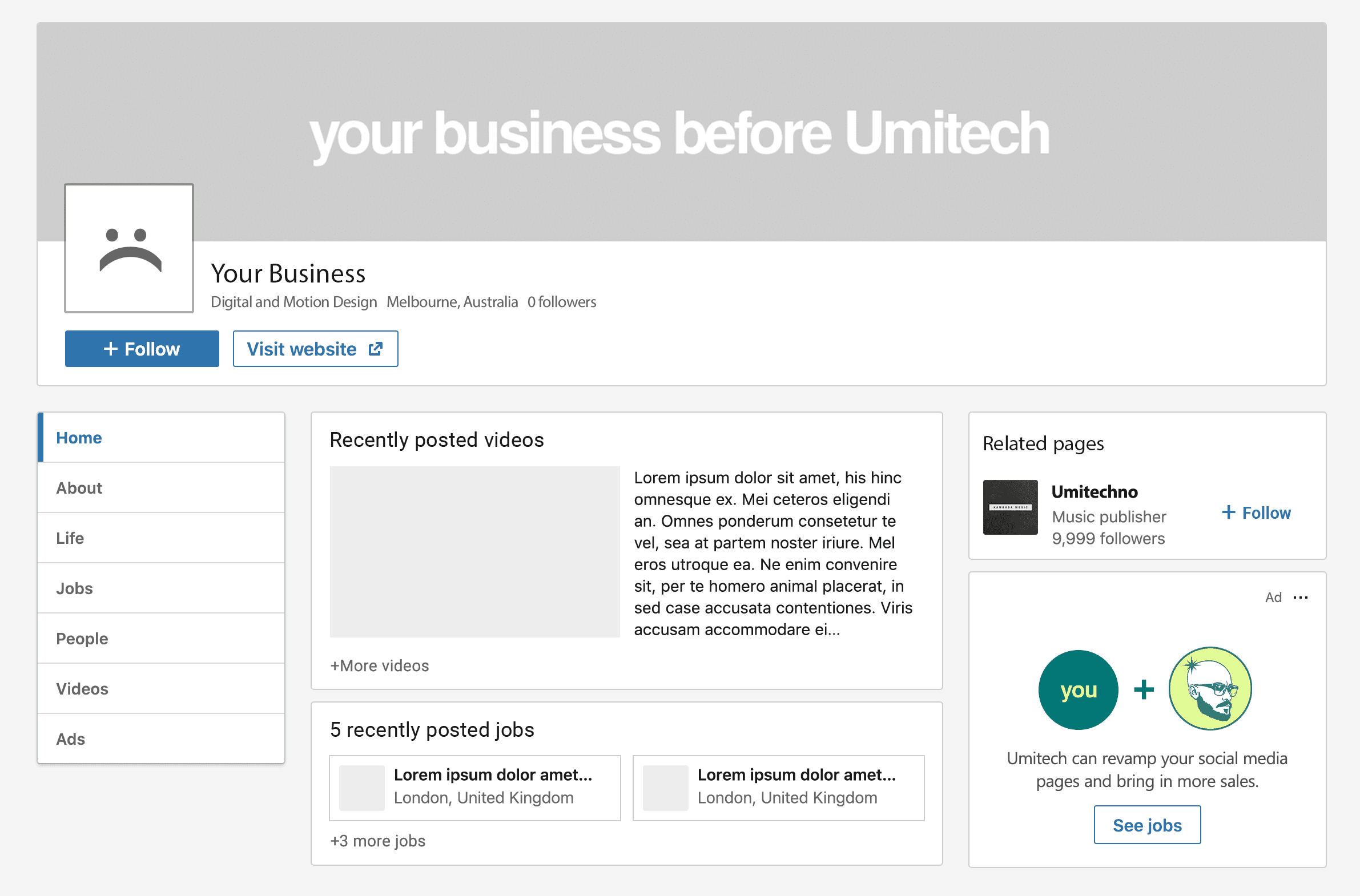 Social media page design Linkedin Before new Servizi Umitech: design, brand, siti web, SEO e marketing. Ci occupiamo di quello che tu non puoi fare, per far crescere la tua attività.